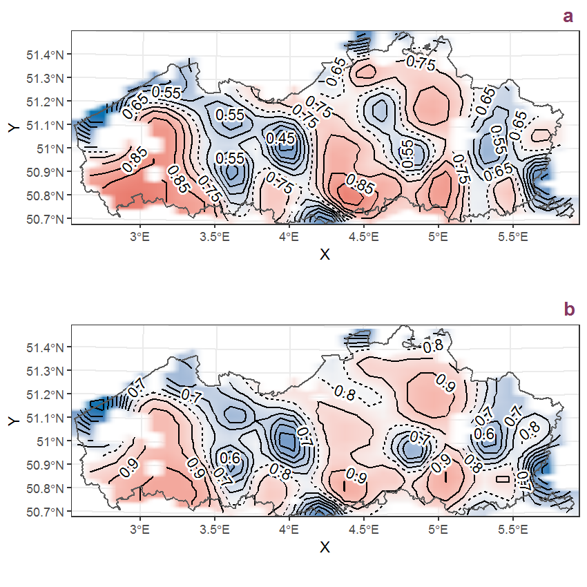 Visualisation of the spatial smooth effect on the probability of Acer platanoides L. presence in 1 km x 1 km squares where the species has been observed at least once. The probabilities (values on the contour lines) are conditional on the final year of observation and a list-length equal to 130. The dashed contour line demarcates zones where the species is expected to be more prevalent (red shades) from zones where the species is less prevalent (blue shades). a: 1950 - 2018, b: 1990 - 2018.