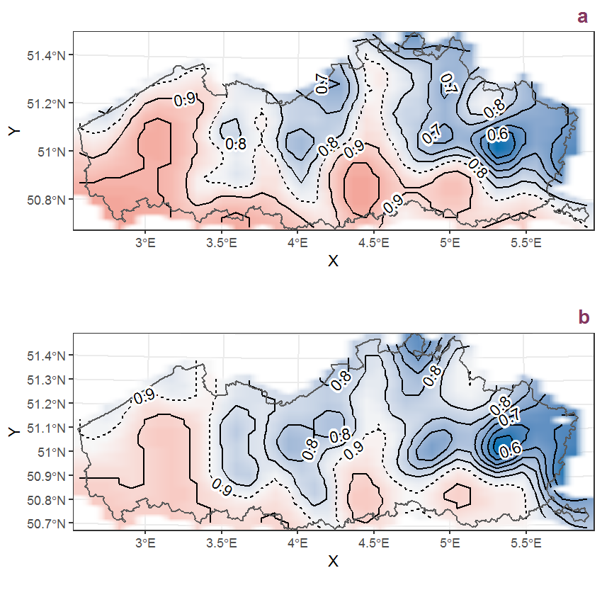 Visualisation of the spatial smooth effect on the probability of Acer pseudoplatanus L. presence in 1 km x 1 km squares where the species has been observed at least once. The probabilities (values on the contour lines) are conditional on the final year of observation and a list-length equal to 130. The dashed contour line demarcates zones where the species is expected to be more prevalent (red shades) from zones where the species is less prevalent (blue shades). a: 1950 - 2018, b: 1990 - 2018.
