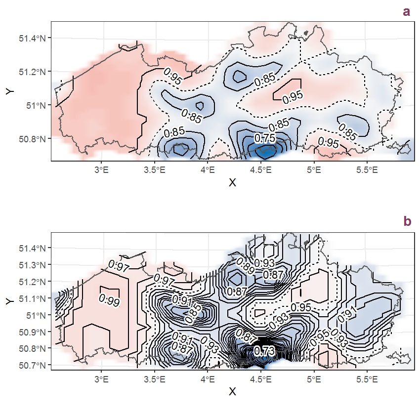 Visualisation of the spatial smooth effect on the probability of Achillea millefolium L. presence in 1 km x 1 km squares where the species has been observed at least once. The probabilities (values on the contour lines) are conditional on the final year of observation and a list-length equal to 130. The dashed contour line demarcates zones where the species is expected to be more prevalent (red shades) from zones where the species is less prevalent (blue shades). a: 1950 - 2018, b: 1990 - 2018.