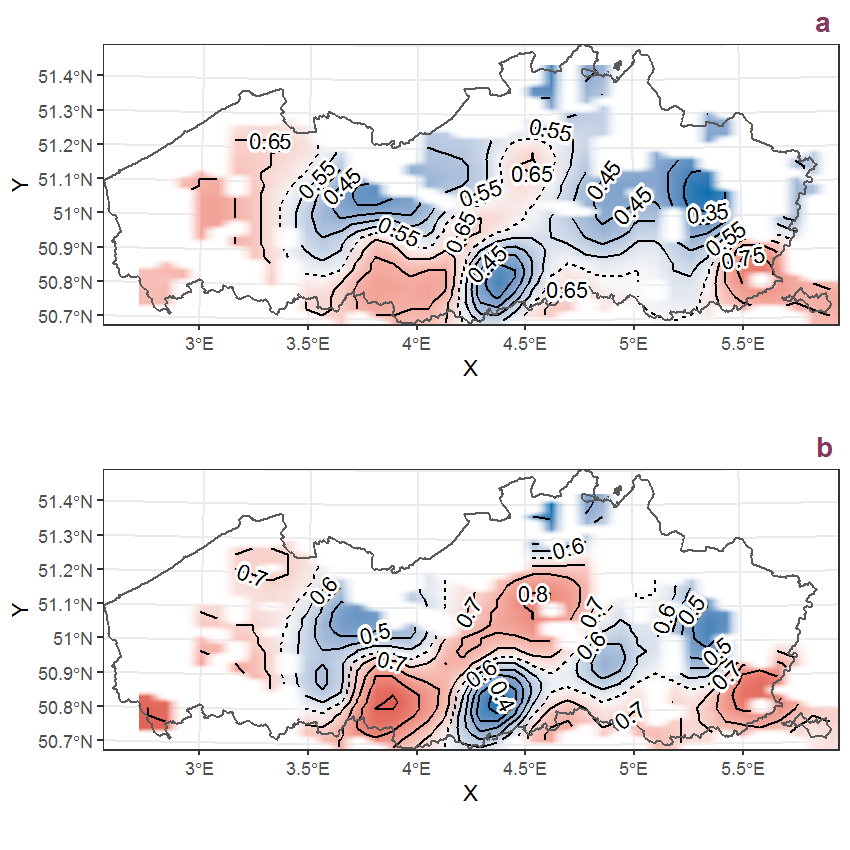 Visualisation of the spatial smooth effect on the probability of Adoxa moschatellina L. presence in 1 km x 1 km squares where the species has been observed at least once. The probabilities (values on the contour lines) are conditional on the final year of observation and a list-length equal to 130. The dashed contour line demarcates zones where the species is expected to be more prevalent (red shades) from zones where the species is less prevalent (blue shades). a: 1950 - 2018, b: 1990 - 2018.