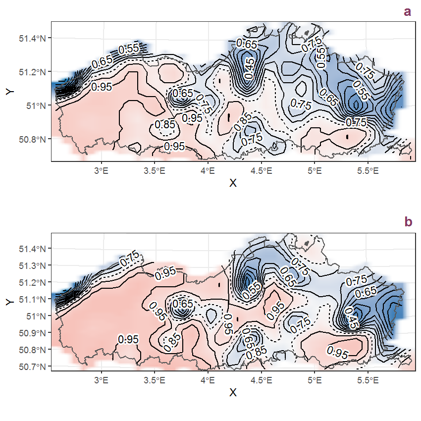 Visualisation of the spatial smooth effect on the probability of Aegopodium podagraria L. presence in 1 km x 1 km squares where the species has been observed at least once. The probabilities (values on the contour lines) are conditional on the final year of observation and a list-length equal to 130. The dashed contour line demarcates zones where the species is expected to be more prevalent (red shades) from zones where the species is less prevalent (blue shades). a: 1950 - 2018, b: 1990 - 2018.