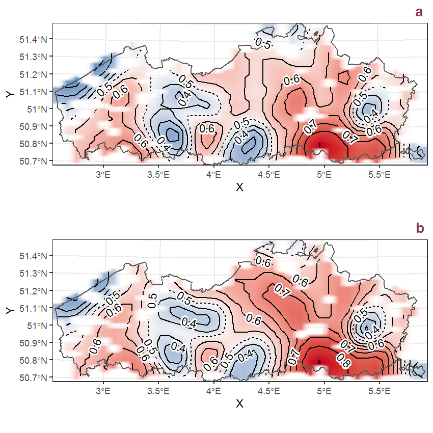 Visualisation of the spatial smooth effect on the probability of Aesculus hippocastanum L. presence in 1 km x 1 km squares where the species has been observed at least once. The probabilities (values on the contour lines) are conditional on the final year of observation and a list-length equal to 130. The dashed contour line demarcates zones where the species is expected to be more prevalent (red shades) from zones where the species is less prevalent (blue shades). a: 1950 - 2018, b: 1990 - 2018.