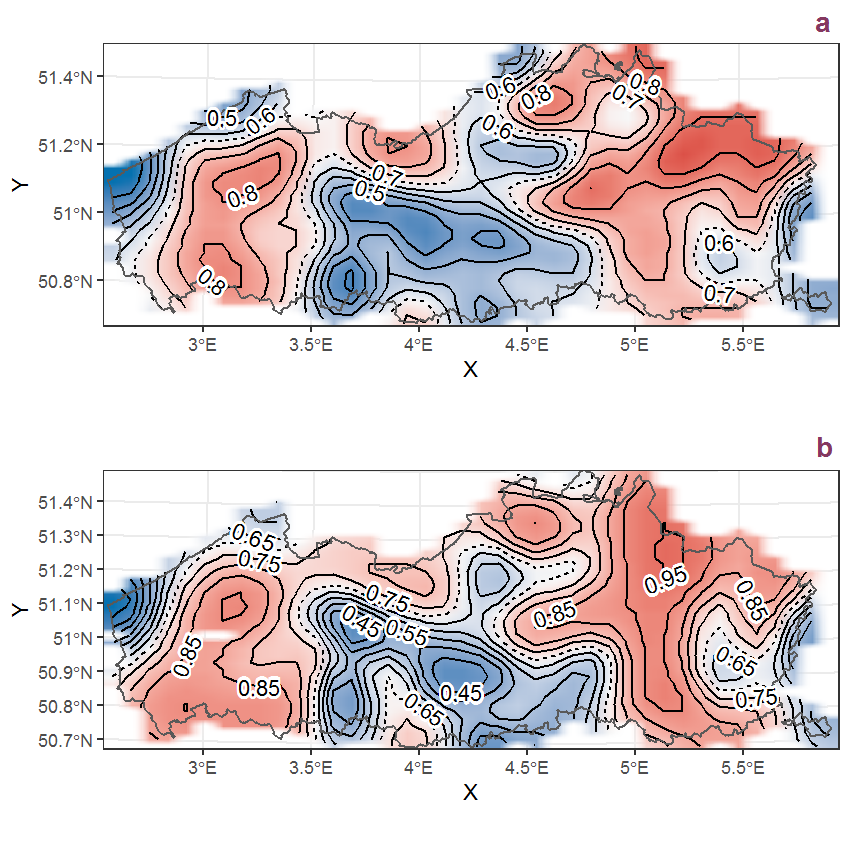 Visualisation of the spatial smooth effect on the probability of Agrostis capillaris L. presence in 1 km x 1 km squares where the species has been observed at least once. The probabilities (values on the contour lines) are conditional on the final year of observation and a list-length equal to 130. The dashed contour line demarcates zones where the species is expected to be more prevalent (red shades) from zones where the species is less prevalent (blue shades). a: 1950 - 2018, b: 1990 - 2018.