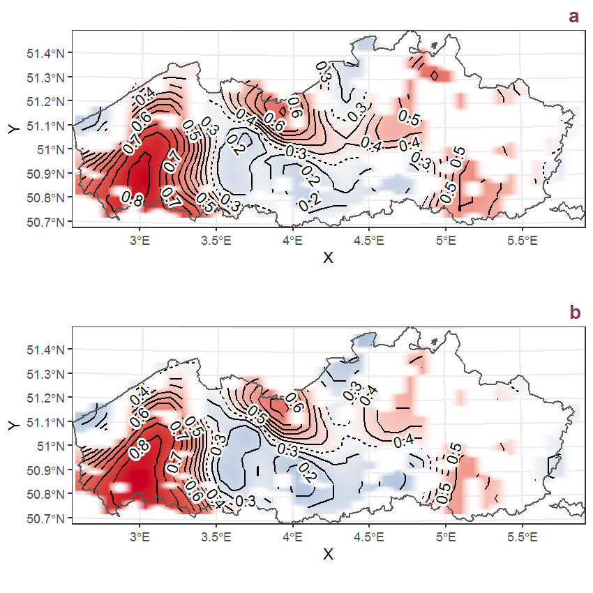 Visualisation of the spatial smooth effect on the probability of Amaranthus blitum L. presence in 1 km x 1 km squares where the species has been observed at least once. The probabilities (values on the contour lines) are conditional on the final year of observation and a list-length equal to 130. The dashed contour line demarcates zones where the species is expected to be more prevalent (red shades) from zones where the species is less prevalent (blue shades). a: 1950 - 2018, b: 1990 - 2018.