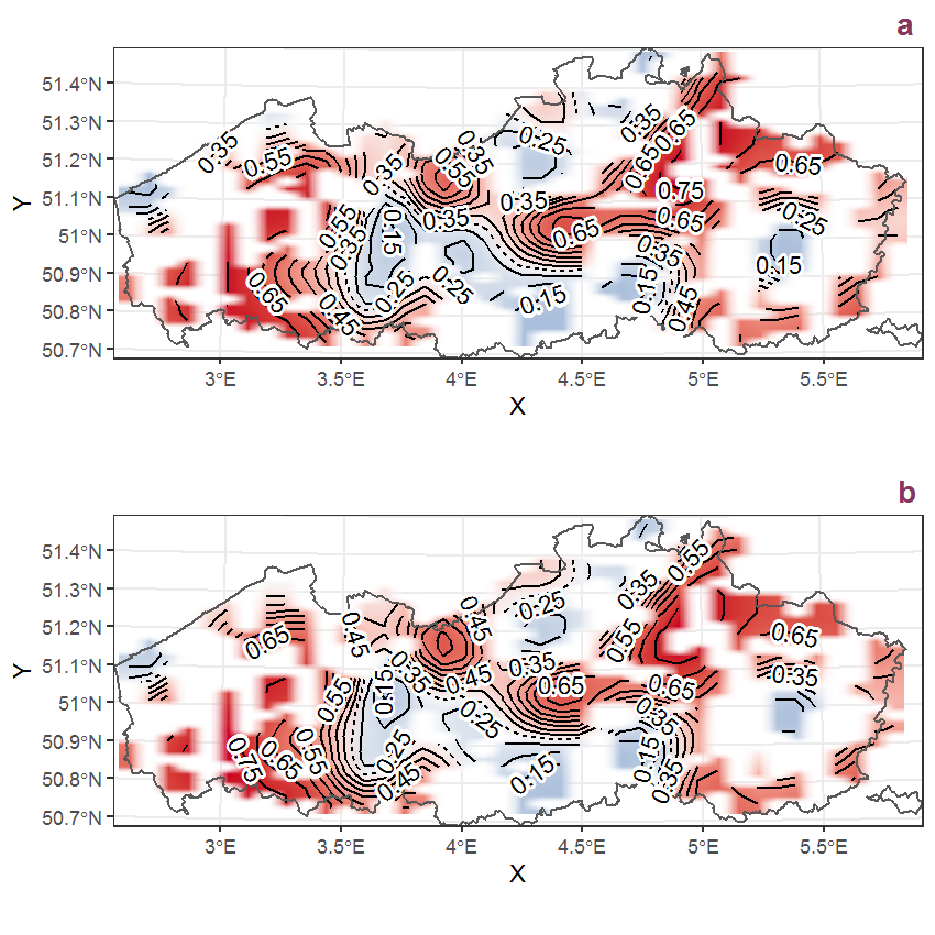 Visualisation of the spatial smooth effect on the probability of Amaranthus hybridus L. presence in 1 km x 1 km squares where the species has been observed at least once. The probabilities (values on the contour lines) are conditional on the final year of observation and a list-length equal to 130. The dashed contour line demarcates zones where the species is expected to be more prevalent (red shades) from zones where the species is less prevalent (blue shades). a: 1950 - 2018, b: 1990 - 2018.
