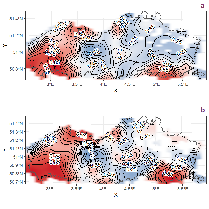 Visualisation of the spatial smooth effect on the probability of Anagallis arvensis L. presence in 1 km x 1 km squares where the species has been observed at least once. The probabilities (values on the contour lines) are conditional on the final year of observation and a list-length equal to 130. The dashed contour line demarcates zones where the species is expected to be more prevalent (red shades) from zones where the species is less prevalent (blue shades). a: 1950 - 2018, b: 1990 - 2018.