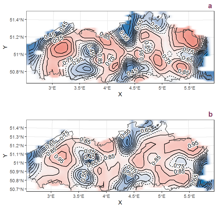 Visualisation of the spatial smooth effect on the probability of Angelica sylvestris L. presence in 1 km x 1 km squares where the species has been observed at least once. The probabilities (values on the contour lines) are conditional on the final year of observation and a list-length equal to 130. The dashed contour line demarcates zones where the species is expected to be more prevalent (red shades) from zones where the species is less prevalent (blue shades). a: 1950 - 2018, b: 1990 - 2018.