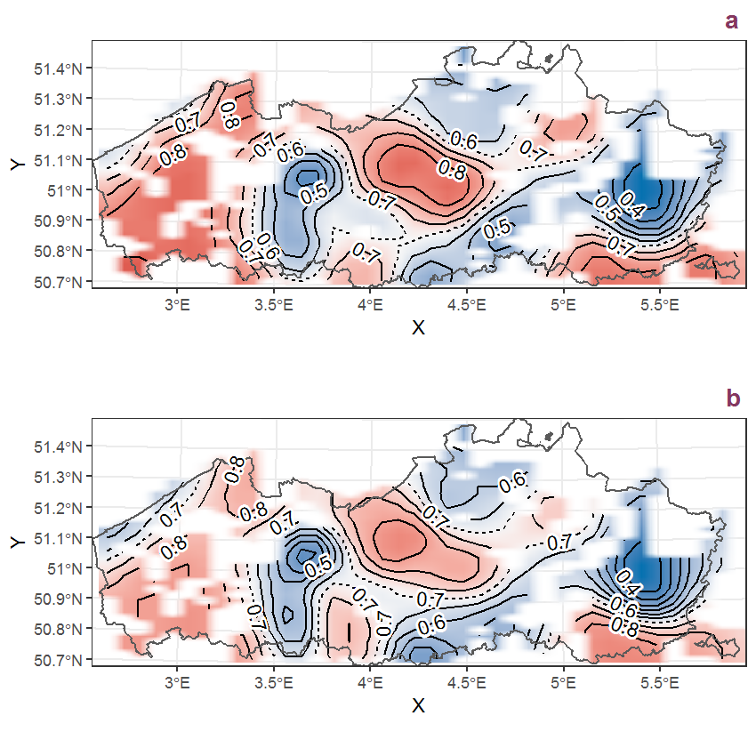 Visualisation of the spatial smooth effect on the probability of Arctium lappa L. presence in 1 km x 1 km squares where the species has been observed at least once. The probabilities (values on the contour lines) are conditional on the final year of observation and a list-length equal to 130. The dashed contour line demarcates zones where the species is expected to be more prevalent (red shades) from zones where the species is less prevalent (blue shades). a: 1950 - 2018, b: 1990 - 2018.