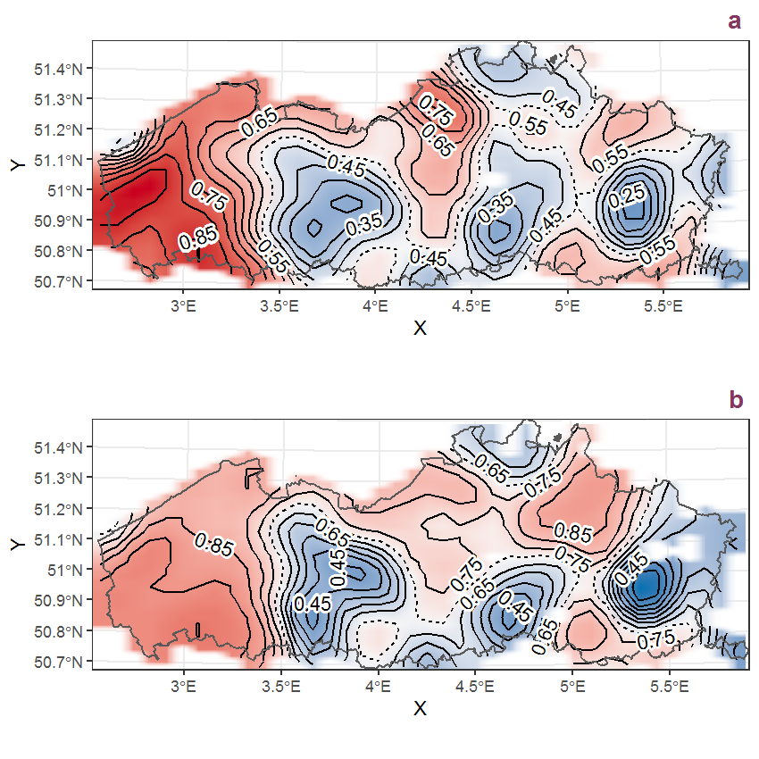 Visualisation of the spatial smooth effect on the probability of Arctium minus (Hill) Bernh. presence in 1 km x 1 km squares where the species has been observed at least once. The probabilities (values on the contour lines) are conditional on the final year of observation and a list-length equal to 130. The dashed contour line demarcates zones where the species is expected to be more prevalent (red shades) from zones where the species is less prevalent (blue shades). a: 1950 - 2018, b: 1990 - 2018.