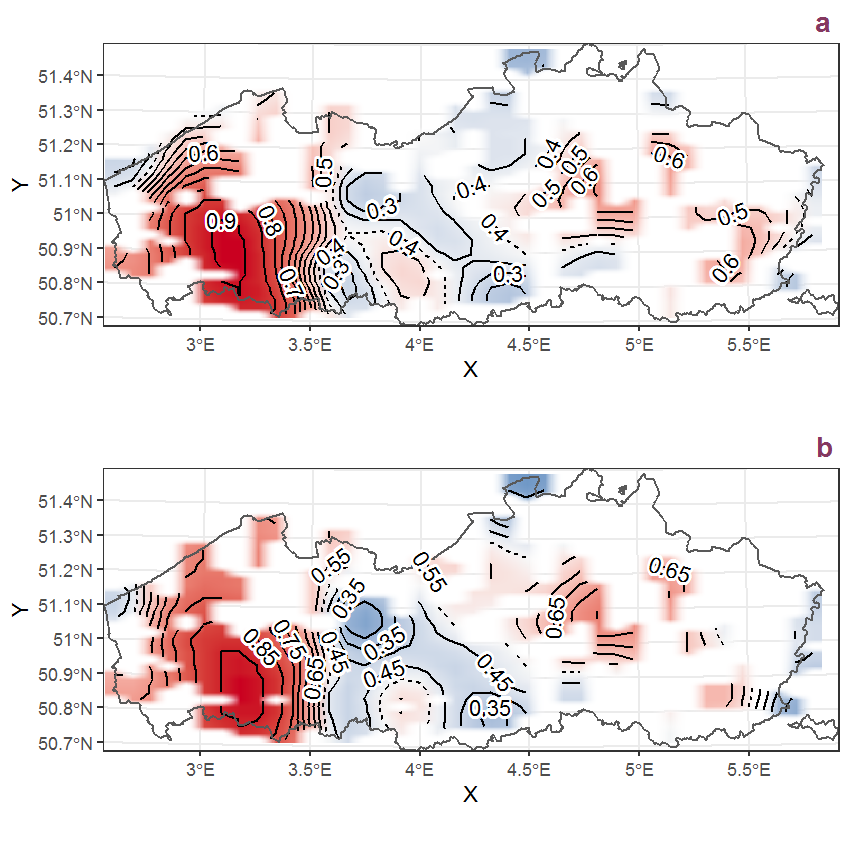 Visualisation of the spatial smooth effect on the probability of Armoracia rusticana Gaertn., B. Mey. et Scherb. presence in 1 km x 1 km squares where the species has been observed at least once. The probabilities (values on the contour lines) are conditional on the final year of observation and a list-length equal to 130. The dashed contour line demarcates zones where the species is expected to be more prevalent (red shades) from zones where the species is less prevalent (blue shades). a: 1950 - 2018, b: 1990 - 2018.