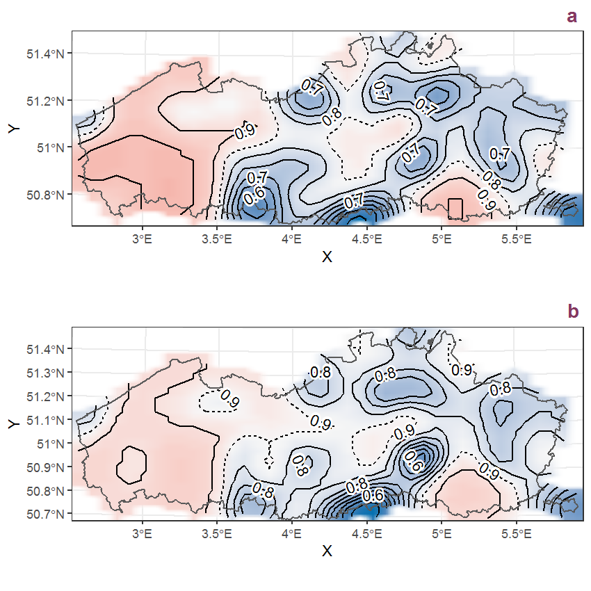 Visualisation of the spatial smooth effect on the probability of Artemisia vulgaris L. presence in 1 km x 1 km squares where the species has been observed at least once. The probabilities (values on the contour lines) are conditional on the final year of observation and a list-length equal to 130. The dashed contour line demarcates zones where the species is expected to be more prevalent (red shades) from zones where the species is less prevalent (blue shades). a: 1950 - 2018, b: 1990 - 2018.