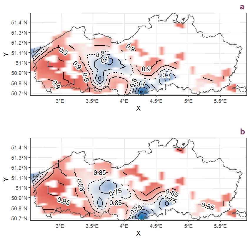 Visualisation of the spatial smooth effect on the probability of Arum italicum Mill. presence in 1 km x 1 km squares where the species has been observed at least once. The probabilities (values on the contour lines) are conditional on the final year of observation and a list-length equal to 130. The dashed contour line demarcates zones where the species is expected to be more prevalent (red shades) from zones where the species is less prevalent (blue shades). a: 1950 - 2018, b: 1990 - 2018.