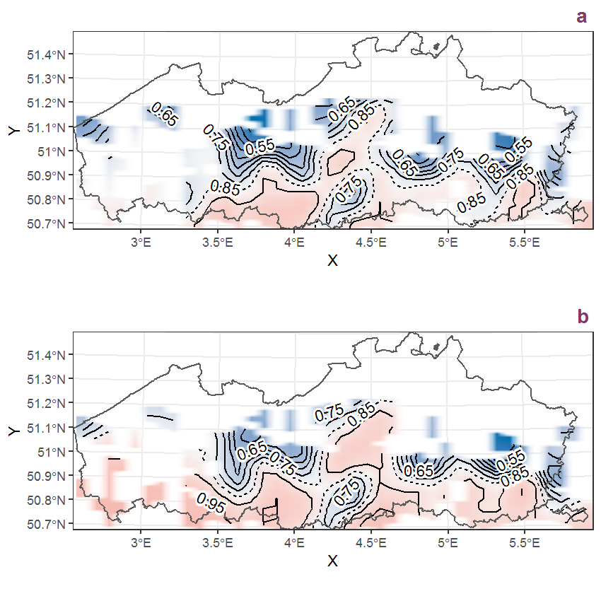 Visualisation of the spatial smooth effect on the probability of Arum maculatum L. presence in 1 km x 1 km squares where the species has been observed at least once. The probabilities (values on the contour lines) are conditional on the final year of observation and a list-length equal to 130. The dashed contour line demarcates zones where the species is expected to be more prevalent (red shades) from zones where the species is less prevalent (blue shades). a: 1950 - 2018, b: 1990 - 2018.