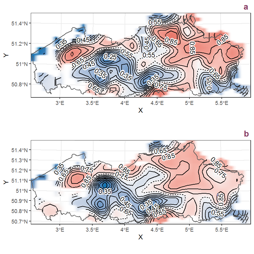Visualisation of the spatial smooth effect on the probability of Athyrium filix-femina (L.) Roth presence in 1 km x 1 km squares where the species has been observed at least once. The probabilities (values on the contour lines) are conditional on the final year of observation and a list-length equal to 130. The dashed contour line demarcates zones where the species is expected to be more prevalent (red shades) from zones where the species is less prevalent (blue shades). a: 1950 - 2018, b: 1990 - 2018.