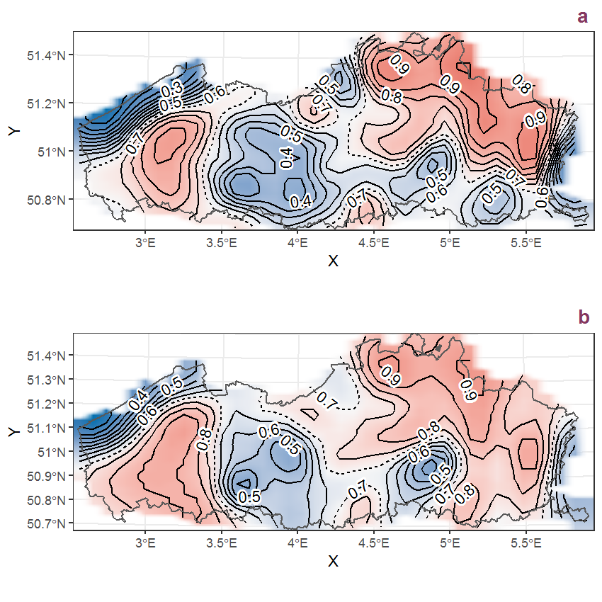 Visualisation of the spatial smooth effect on the probability of Betula pendula Roth presence in 1 km x 1 km squares where the species has been observed at least once. The probabilities (values on the contour lines) are conditional on the final year of observation and a list-length equal to 130. The dashed contour line demarcates zones where the species is expected to be more prevalent (red shades) from zones where the species is less prevalent (blue shades). a: 1950 - 2018, b: 1990 - 2018.