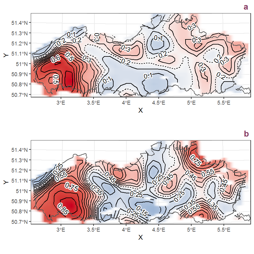 Visualisation of the spatial smooth effect on the probability of Bidens tripartita L. presence in 1 km x 1 km squares where the species has been observed at least once. The probabilities (values on the contour lines) are conditional on the final year of observation and a list-length equal to 130. The dashed contour line demarcates zones where the species is expected to be more prevalent (red shades) from zones where the species is less prevalent (blue shades). a: 1950 - 2018, b: 1990 - 2018.