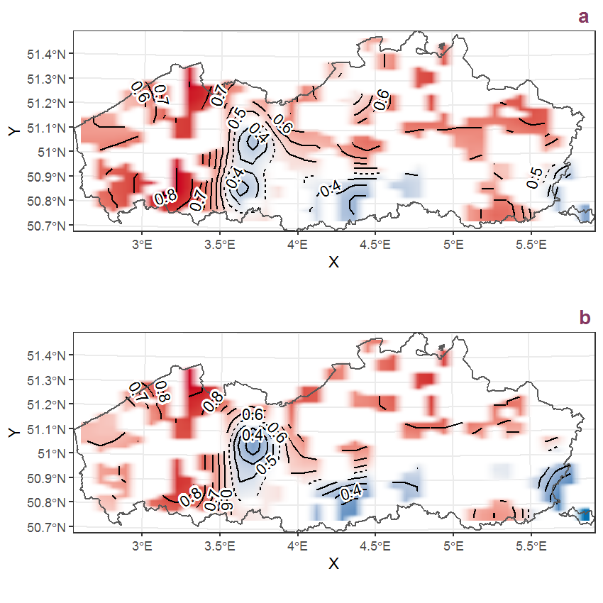 Visualisation of the spatial smooth effect on the probability of Borago officinalis L. presence in 1 km x 1 km squares where the species has been observed at least once. The probabilities (values on the contour lines) are conditional on the final year of observation and a list-length equal to 130. The dashed contour line demarcates zones where the species is expected to be more prevalent (red shades) from zones where the species is less prevalent (blue shades). a: 1950 - 2018, b: 1990 - 2018.