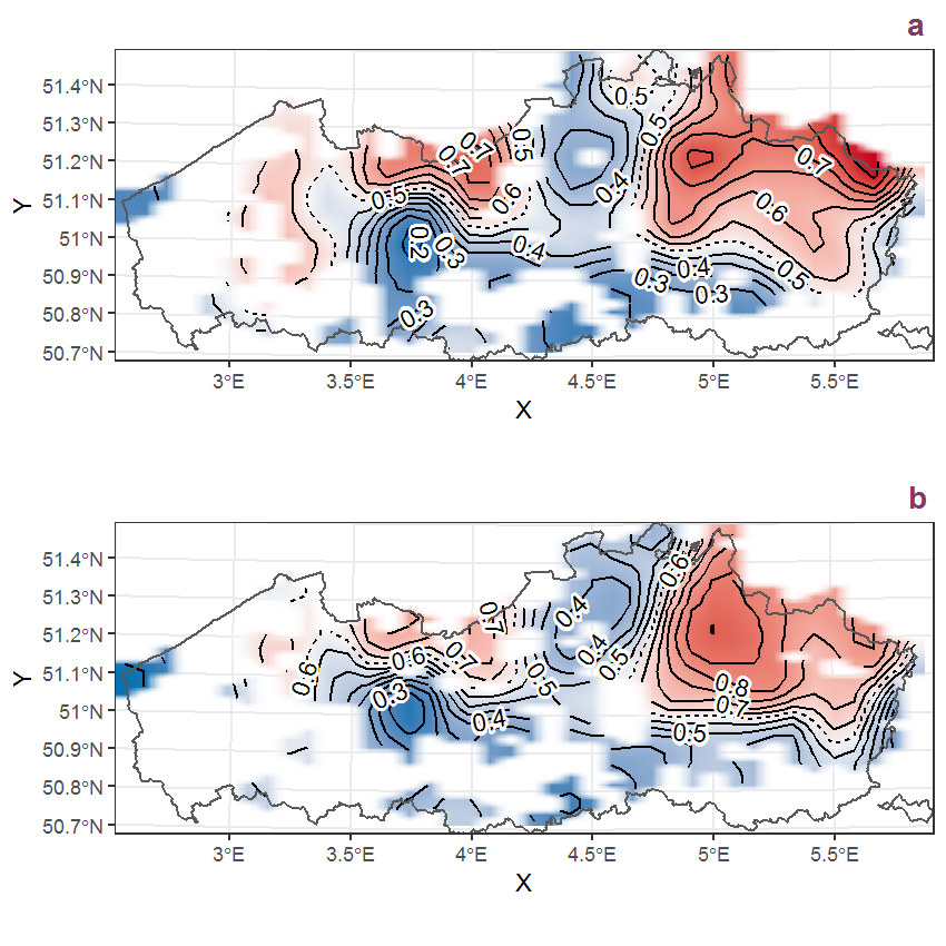 Visualisation of the spatial smooth effect on the probability of Calamagrostis canescens (Weber) Roth presence in 1 km x 1 km squares where the species has been observed at least once. The probabilities (values on the contour lines) are conditional on the final year of observation and a list-length equal to 130. The dashed contour line demarcates zones where the species is expected to be more prevalent (red shades) from zones where the species is less prevalent (blue shades). a: 1950 - 2018, b: 1990 - 2018.