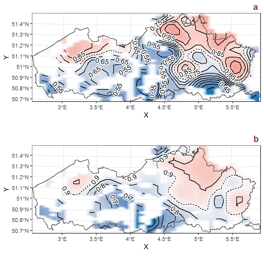 Visualisation of the spatial smooth effect on the probability of Calluna vulgaris (L.) Hull presence in 1 km x 1 km squares where the species has been observed at least once. The probabilities (values on the contour lines) are conditional on the final year of observation and a list-length equal to 130. The dashed contour line demarcates zones where the species is expected to be more prevalent (red shades) from zones where the species is less prevalent (blue shades). a: 1950 - 2018, b: 1990 - 2018.