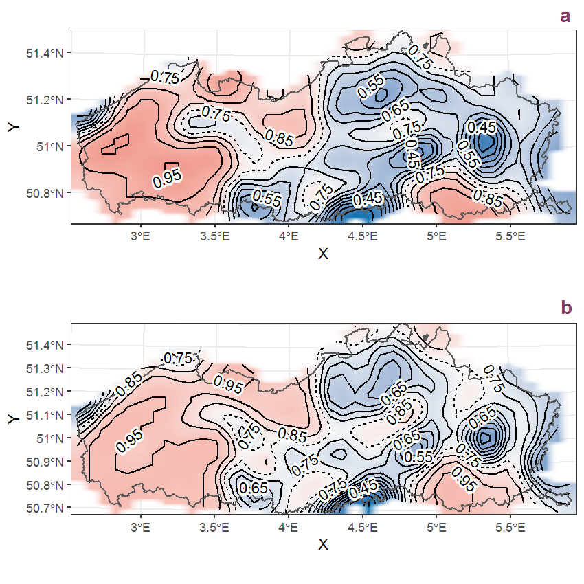 Visualisation of the spatial smooth effect on the probability of Capsella bursa-pastoris (L.) Med. presence in 1 km x 1 km squares where the species has been observed at least once. The probabilities (values on the contour lines) are conditional on the final year of observation and a list-length equal to 130. The dashed contour line demarcates zones where the species is expected to be more prevalent (red shades) from zones where the species is less prevalent (blue shades). a: 1950 - 2018, b: 1990 - 2018.