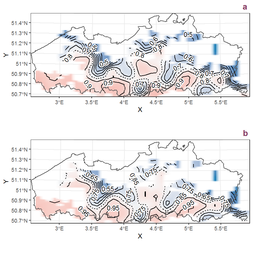 Visualisation of the spatial smooth effect on the probability of Carex sylvatica Huds. presence in 1 km x 1 km squares where the species has been observed at least once. The probabilities (values on the contour lines) are conditional on the final year of observation and a list-length equal to 130. The dashed contour line demarcates zones where the species is expected to be more prevalent (red shades) from zones where the species is less prevalent (blue shades). a: 1950 - 2018, b: 1990 - 2018.