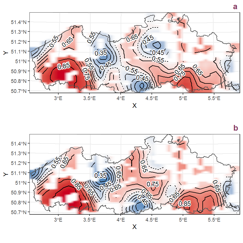 Visualisation of the spatial smooth effect on the probability of Cichorium intybus L. presence in 1 km x 1 km squares where the species has been observed at least once. The probabilities (values on the contour lines) are conditional on the final year of observation and a list-length equal to 130. The dashed contour line demarcates zones where the species is expected to be more prevalent (red shades) from zones where the species is less prevalent (blue shades). a: 1950 - 2018, b: 1990 - 2018.