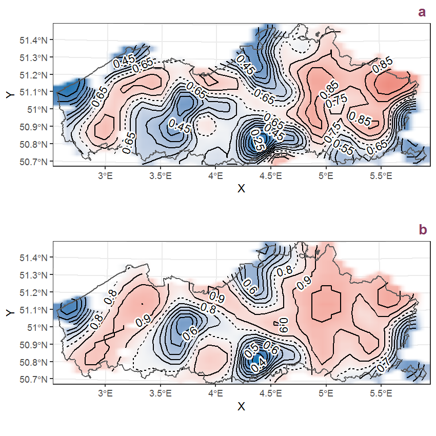 Visualisation of the spatial smooth effect on the probability of Cirsium palustre (L.) Scop. presence in 1 km x 1 km squares where the species has been observed at least once. The probabilities (values on the contour lines) are conditional on the final year of observation and a list-length equal to 130. The dashed contour line demarcates zones where the species is expected to be more prevalent (red shades) from zones where the species is less prevalent (blue shades). a: 1950 - 2018, b: 1990 - 2018.