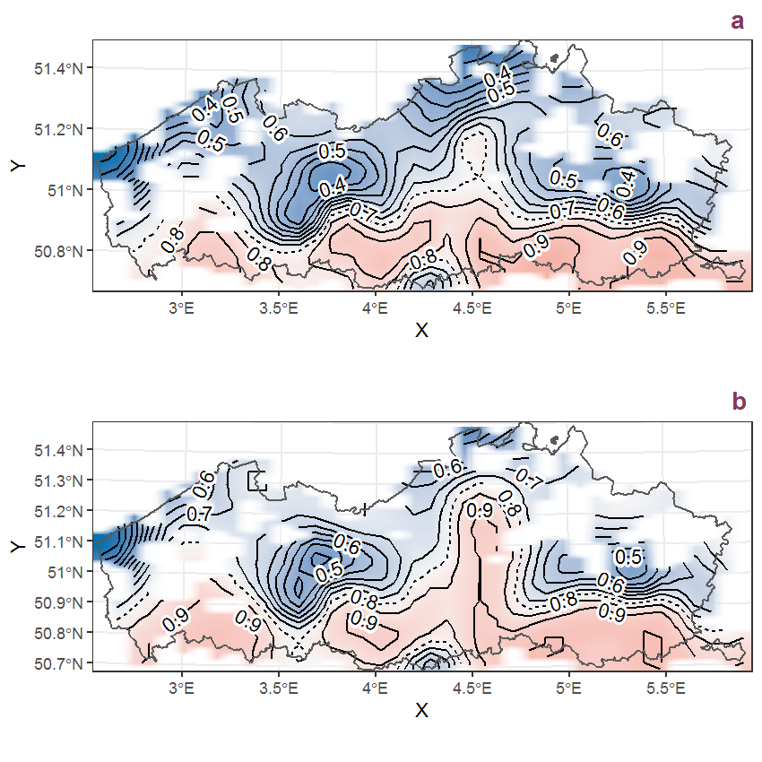 Visualisation of the spatial smooth effect on the probability of Cornus sanguinea L. presence in 1 km x 1 km squares where the species has been observed at least once. The probabilities (values on the contour lines) are conditional on the final year of observation and a list-length equal to 130. The dashed contour line demarcates zones where the species is expected to be more prevalent (red shades) from zones where the species is less prevalent (blue shades). a: 1950 - 2018, b: 1990 - 2018.