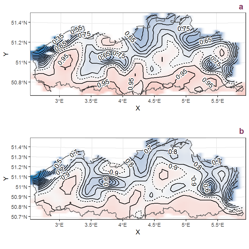 Visualisation of the spatial smooth effect on the probability of Corylus avellana L. presence in 1 km x 1 km squares where the species has been observed at least once. The probabilities (values on the contour lines) are conditional on the final year of observation and a list-length equal to 130. The dashed contour line demarcates zones where the species is expected to be more prevalent (red shades) from zones where the species is less prevalent (blue shades). a: 1950 - 2018, b: 1990 - 2018.