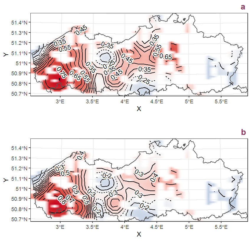 Visualisation of the spatial smooth effect on the probability of Cotoneaster horizontalis Decaisne presence in 1 km x 1 km squares where the species has been observed at least once. The probabilities (values on the contour lines) are conditional on the final year of observation and a list-length equal to 130. The dashed contour line demarcates zones where the species is expected to be more prevalent (red shades) from zones where the species is less prevalent (blue shades). a: 1950 - 2018, b: 1990 - 2018.