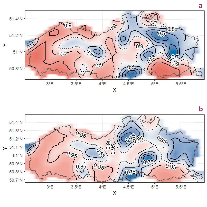 Visualisation of the spatial smooth effect on the probability of Dactylis glomerata L. presence in 1 km x 1 km squares where the species has been observed at least once. The probabilities (values on the contour lines) are conditional on the final year of observation and a list-length equal to 130. The dashed contour line demarcates zones where the species is expected to be more prevalent (red shades) from zones where the species is less prevalent (blue shades). a: 1950 - 2018, b: 1990 - 2018.