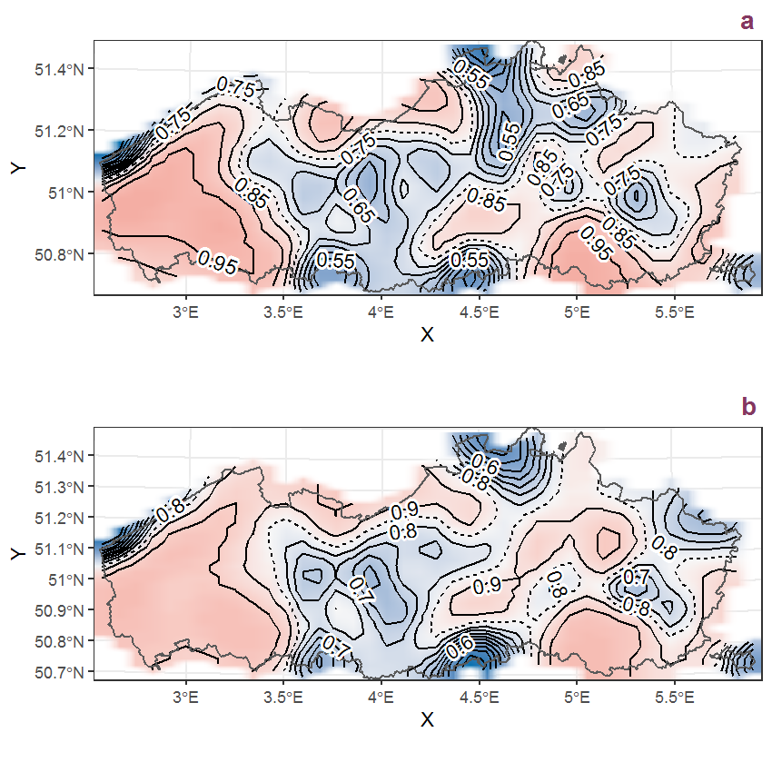 Visualisation of the spatial smooth effect on the probability of Daucus carota L. presence in 1 km x 1 km squares where the species has been observed at least once. The probabilities (values on the contour lines) are conditional on the final year of observation and a list-length equal to 130. The dashed contour line demarcates zones where the species is expected to be more prevalent (red shades) from zones where the species is less prevalent (blue shades). a: 1950 - 2018, b: 1990 - 2018.