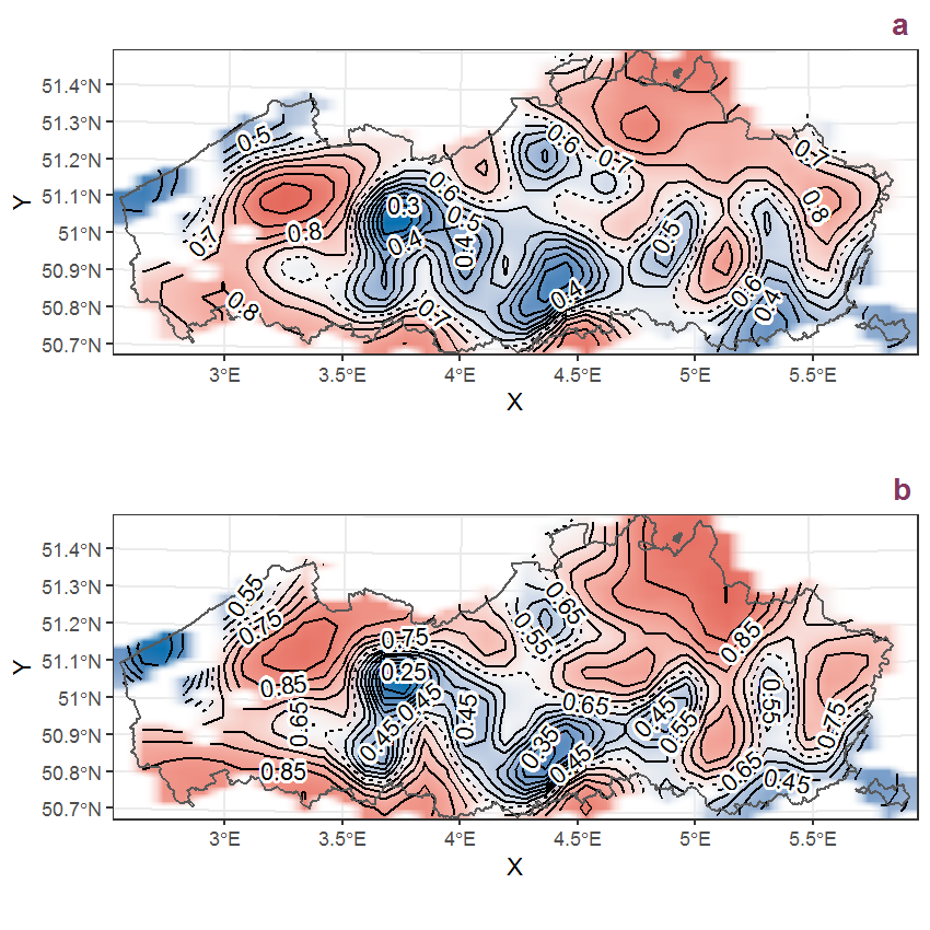 Visualisation of the spatial smooth effect on the probability of Dryopteris dilatata (Hoffmann) A. Gray presence in 1 km x 1 km squares where the species has been observed at least once. The probabilities (values on the contour lines) are conditional on the final year of observation and a list-length equal to 130. The dashed contour line demarcates zones where the species is expected to be more prevalent (red shades) from zones where the species is less prevalent (blue shades). a: 1950 - 2018, b: 1990 - 2018.