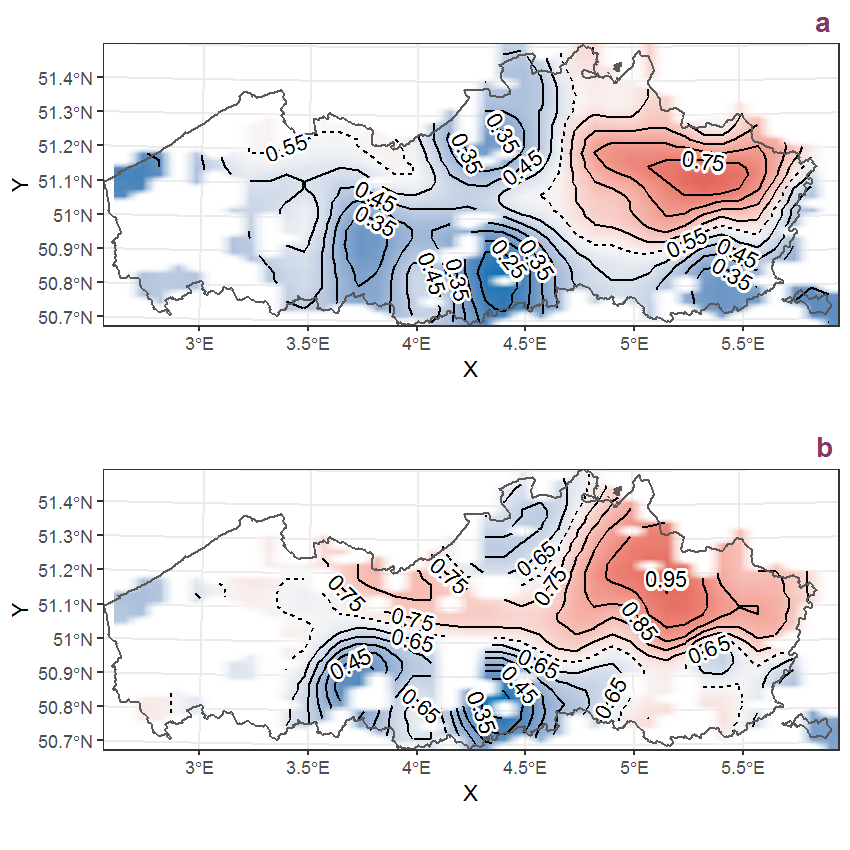 Visualisation of the spatial smooth effect on the probability of Equisetum fluviatile L. presence in 1 km x 1 km squares where the species has been observed at least once. The probabilities (values on the contour lines) are conditional on the final year of observation and a list-length equal to 130. The dashed contour line demarcates zones where the species is expected to be more prevalent (red shades) from zones where the species is less prevalent (blue shades). a: 1950 - 2018, b: 1990 - 2018.