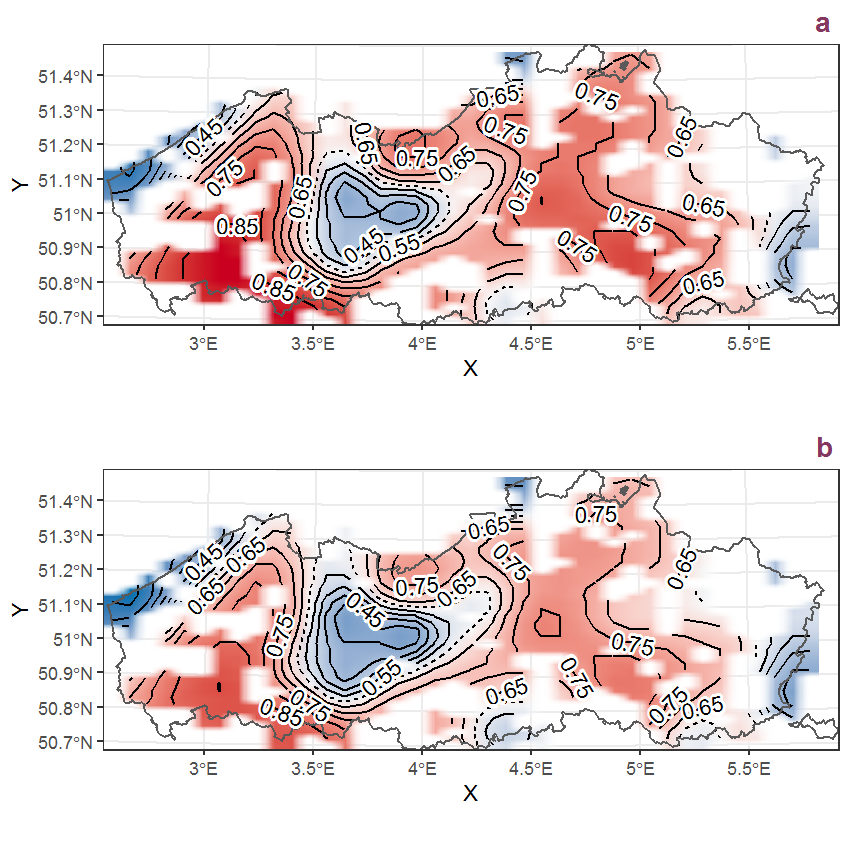 Visualisation of the spatial smooth effect on the probability of Eragrostis pilosa (L.) Beauv. presence in 1 km x 1 km squares where the species has been observed at least once. The probabilities (values on the contour lines) are conditional on the final year of observation and a list-length equal to 130. The dashed contour line demarcates zones where the species is expected to be more prevalent (red shades) from zones where the species is less prevalent (blue shades). a: 1950 - 2018, b: 1990 - 2018.