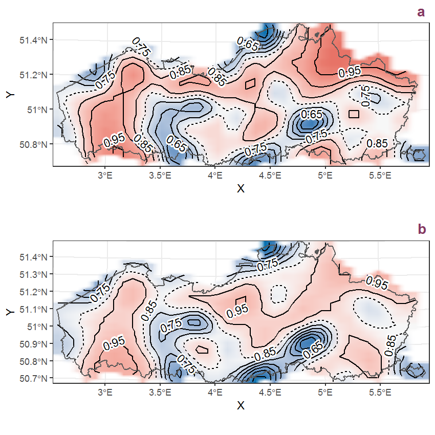 Visualisation of the spatial smooth effect on the probability of Eupatorium cannabinum L. presence in 1 km x 1 km squares where the species has been observed at least once. The probabilities (values on the contour lines) are conditional on the final year of observation and a list-length equal to 130. The dashed contour line demarcates zones where the species is expected to be more prevalent (red shades) from zones where the species is less prevalent (blue shades). a: 1950 - 2018, b: 1990 - 2018.