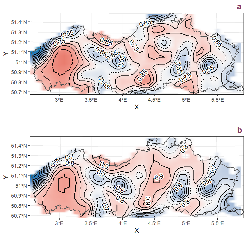 Visualisation of the spatial smooth effect on the probability of Fallopia japonica (Houtt.) Ronse Decraene presence in 1 km x 1 km squares where the species has been observed at least once. The probabilities (values on the contour lines) are conditional on the final year of observation and a list-length equal to 130. The dashed contour line demarcates zones where the species is expected to be more prevalent (red shades) from zones where the species is less prevalent (blue shades). a: 1950 - 2018, b: 1990 - 2018.