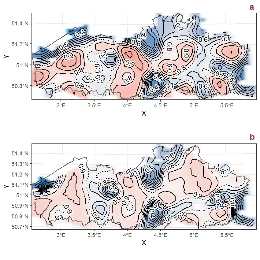 Visualisation of the spatial smooth effect on the probability of Filipendula ulmaria (L.) Maxim. presence in 1 km x 1 km squares where the species has been observed at least once. The probabilities (values on the contour lines) are conditional on the final year of observation and a list-length equal to 130. The dashed contour line demarcates zones where the species is expected to be more prevalent (red shades) from zones where the species is less prevalent (blue shades). a: 1950 - 2018, b: 1990 - 2018.