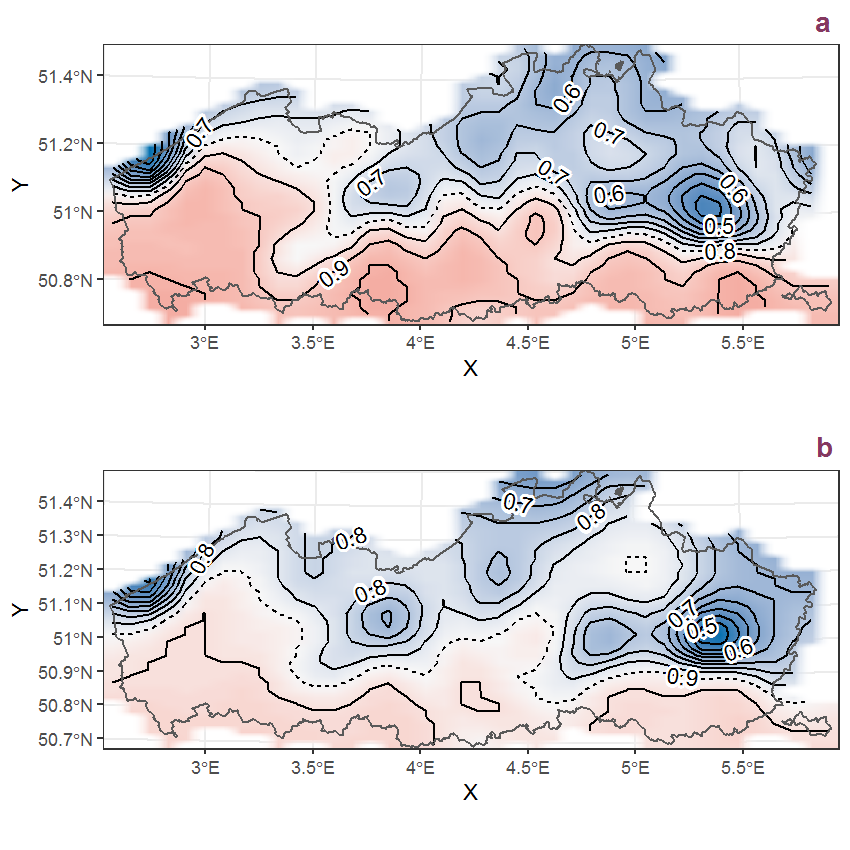 Visualisation of the spatial smooth effect on the probability of Fraxinus excelsior L. presence in 1 km x 1 km squares where the species has been observed at least once. The probabilities (values on the contour lines) are conditional on the final year of observation and a list-length equal to 130. The dashed contour line demarcates zones where the species is expected to be more prevalent (red shades) from zones where the species is less prevalent (blue shades). a: 1950 - 2018, b: 1990 - 2018.