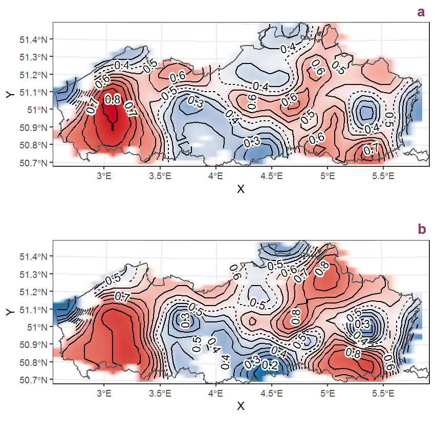 Visualisation of the spatial smooth effect on the probability of Galinsoga parviflora Cav. presence in 1 km x 1 km squares where the species has been observed at least once. The probabilities (values on the contour lines) are conditional on the final year of observation and a list-length equal to 130. The dashed contour line demarcates zones where the species is expected to be more prevalent (red shades) from zones where the species is less prevalent (blue shades). a: 1950 - 2018, b: 1990 - 2018.
