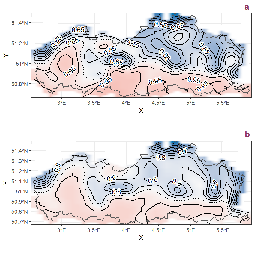 Visualisation of the spatial smooth effect on the probability of Geranium robertianum L. presence in 1 km x 1 km squares where the species has been observed at least once. The probabilities (values on the contour lines) are conditional on the final year of observation and a list-length equal to 130. The dashed contour line demarcates zones where the species is expected to be more prevalent (red shades) from zones where the species is less prevalent (blue shades). a: 1950 - 2018, b: 1990 - 2018.