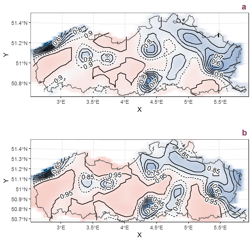 Visualisation of the spatial smooth effect on the probability of Glechoma hederacea L. presence in 1 km x 1 km squares where the species has been observed at least once. The probabilities (values on the contour lines) are conditional on the final year of observation and a list-length equal to 130. The dashed contour line demarcates zones where the species is expected to be more prevalent (red shades) from zones where the species is less prevalent (blue shades). a: 1950 - 2018, b: 1990 - 2018.