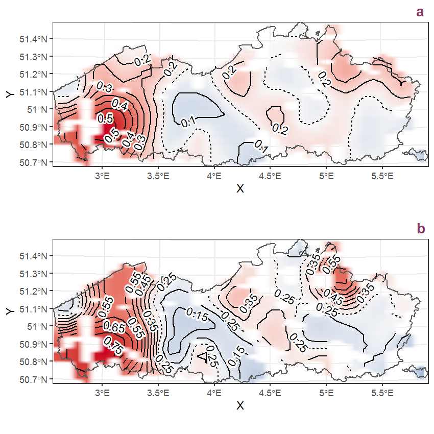Visualisation of the spatial smooth effect on the probability of Glyceria declinata Bréb. presence in 1 km x 1 km squares where the species has been observed at least once. The probabilities (values on the contour lines) are conditional on the final year of observation and a list-length equal to 130. The dashed contour line demarcates zones where the species is expected to be more prevalent (red shades) from zones where the species is less prevalent (blue shades). a: 1950 - 2018, b: 1990 - 2018.