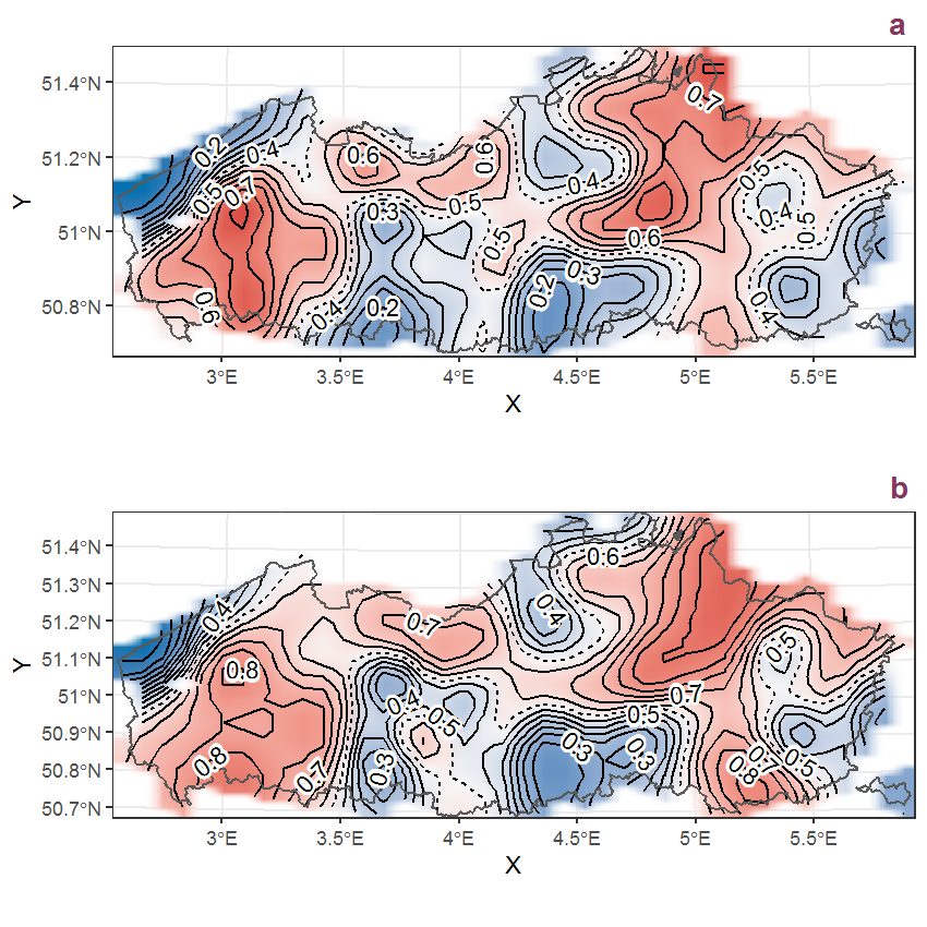 Visualisation of the spatial smooth effect on the probability of Gnaphalium uliginosum L. presence in 1 km x 1 km squares where the species has been observed at least once. The probabilities (values on the contour lines) are conditional on the final year of observation and a list-length equal to 130. The dashed contour line demarcates zones where the species is expected to be more prevalent (red shades) from zones where the species is less prevalent (blue shades). a: 1950 - 2018, b: 1990 - 2018.