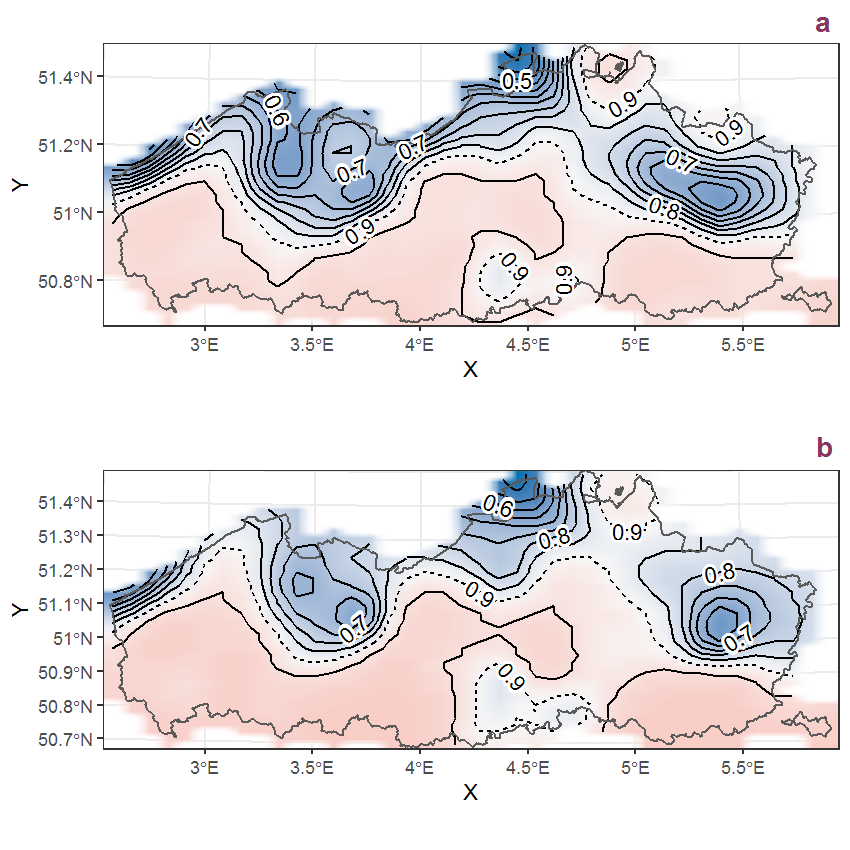 Visualisation of the spatial smooth effect on the probability of Heracleum sphondylium L. presence in 1 km x 1 km squares where the species has been observed at least once. The probabilities (values on the contour lines) are conditional on the final year of observation and a list-length equal to 130. The dashed contour line demarcates zones where the species is expected to be more prevalent (red shades) from zones where the species is less prevalent (blue shades). a: 1950 - 2018, b: 1990 - 2018.