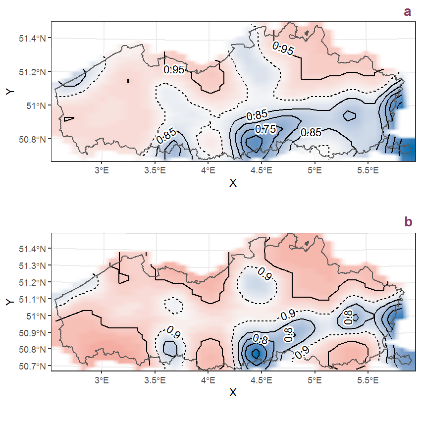 Visualisation of the spatial smooth effect on the probability of Holcus lanatus L. presence in 1 km x 1 km squares where the species has been observed at least once. The probabilities (values on the contour lines) are conditional on the final year of observation and a list-length equal to 130. The dashed contour line demarcates zones where the species is expected to be more prevalent (red shades) from zones where the species is less prevalent (blue shades). a: 1950 - 2018, b: 1990 - 2018.