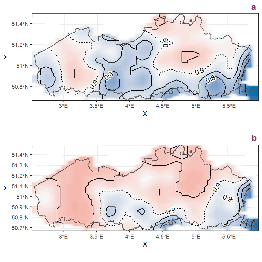 Visualisation of the spatial smooth effect on the probability of Hypochaeris radicata L. presence in 1 km x 1 km squares where the species has been observed at least once. The probabilities (values on the contour lines) are conditional on the final year of observation and a list-length equal to 130. The dashed contour line demarcates zones where the species is expected to be more prevalent (red shades) from zones where the species is less prevalent (blue shades). a: 1950 - 2018, b: 1990 - 2018.