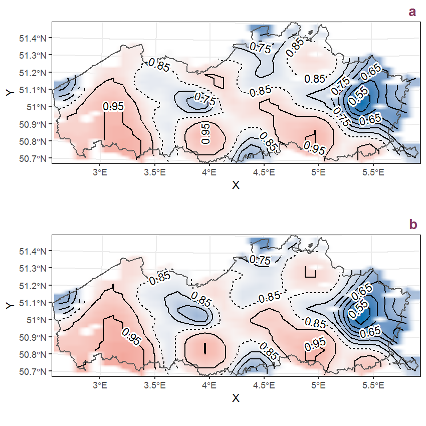 Visualisation of the spatial smooth effect on the probability of Juglans regia L. presence in 1 km x 1 km squares where the species has been observed at least once. The probabilities (values on the contour lines) are conditional on the final year of observation and a list-length equal to 130. The dashed contour line demarcates zones where the species is expected to be more prevalent (red shades) from zones where the species is less prevalent (blue shades). a: 1950 - 2018, b: 1990 - 2018.
