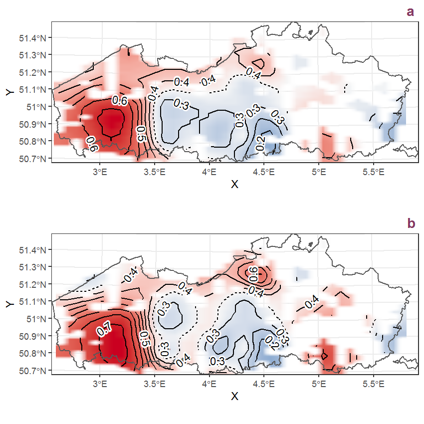 Visualisation of the spatial smooth effect on the probability of Lepidium ruderale L. presence in 1 km x 1 km squares where the species has been observed at least once. The probabilities (values on the contour lines) are conditional on the final year of observation and a list-length equal to 130. The dashed contour line demarcates zones where the species is expected to be more prevalent (red shades) from zones where the species is less prevalent (blue shades). a: 1950 - 2018, b: 1990 - 2018.