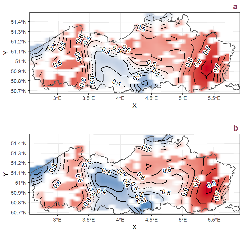 Visualisation of the spatial smooth effect on the probability of Lunaria annua L. presence in 1 km x 1 km squares where the species has been observed at least once. The probabilities (values on the contour lines) are conditional on the final year of observation and a list-length equal to 130. The dashed contour line demarcates zones where the species is expected to be more prevalent (red shades) from zones where the species is less prevalent (blue shades). a: 1950 - 2018, b: 1990 - 2018.